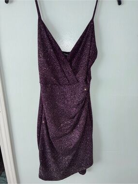 Lovely Day Glitter Purple Wrap-Style Spaghetti Strap Mini Dress